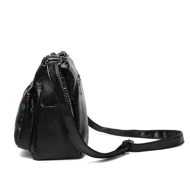 Women's Crossbody Bag Shoulder Bag PU Leather Outdoor Office Zipper Adjustable Large Capacity Lightweight Flower Black