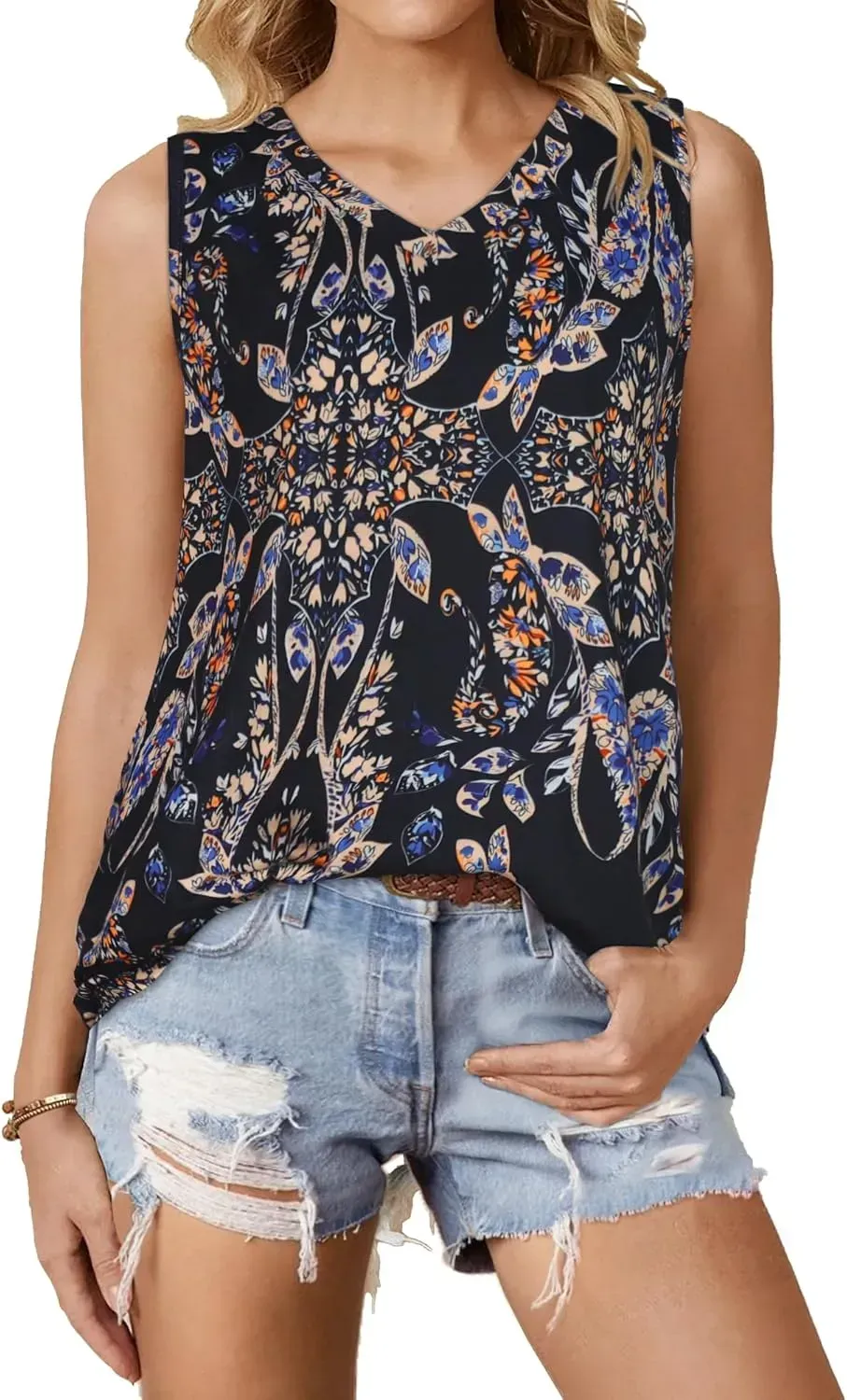 Summer Tops for Women Sleeveless V Neck Tshirt Loose Fit Casual Tank Tunic Blouse