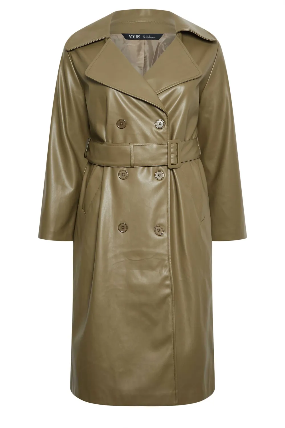 YOURS Curve Olive Green Faux Leather Trench Coat