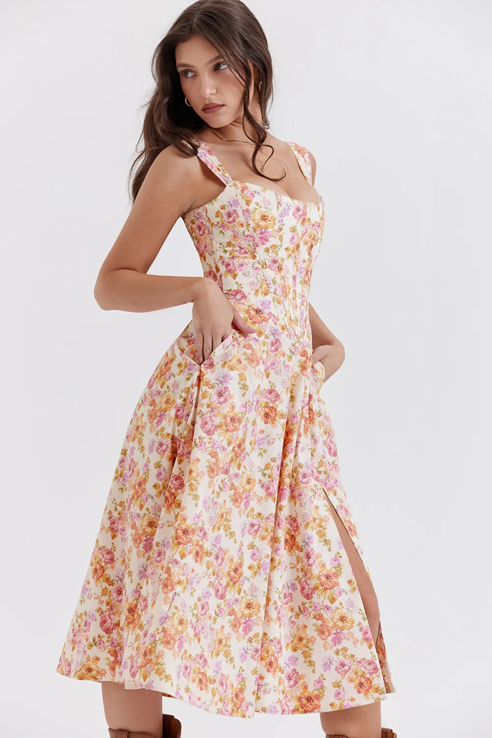 FLORAL LACE-UP CORSET A-LINE SUN DRESS