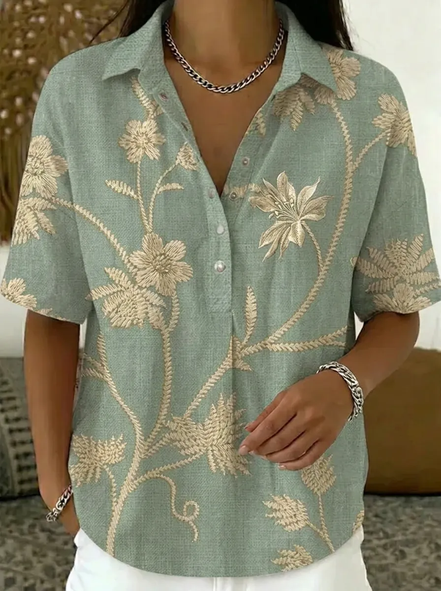 Women's Nashville Floral Botanical Printed V-neck Shirt