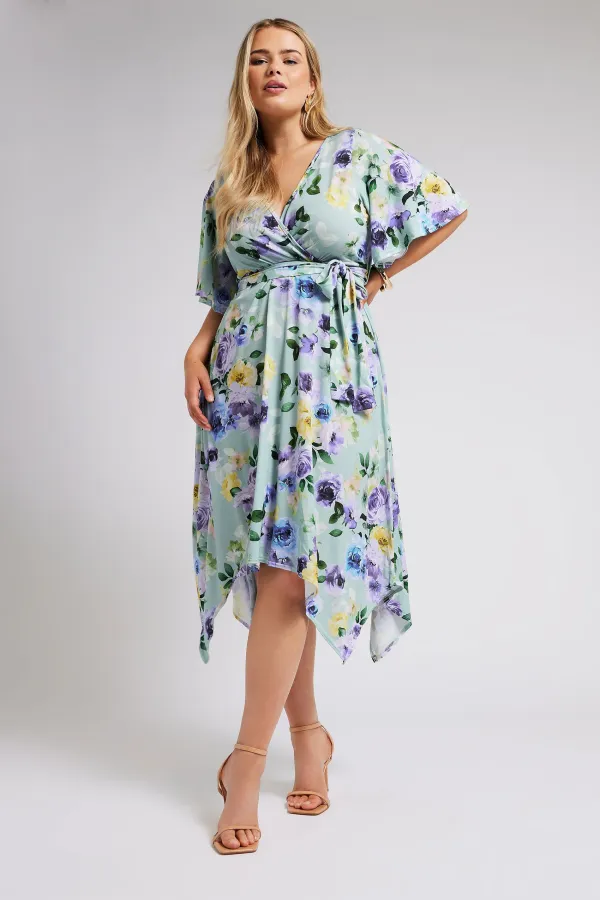 YOURS LONDON Curve Sage Green Floral Print Hanky Hem Wrap Dress