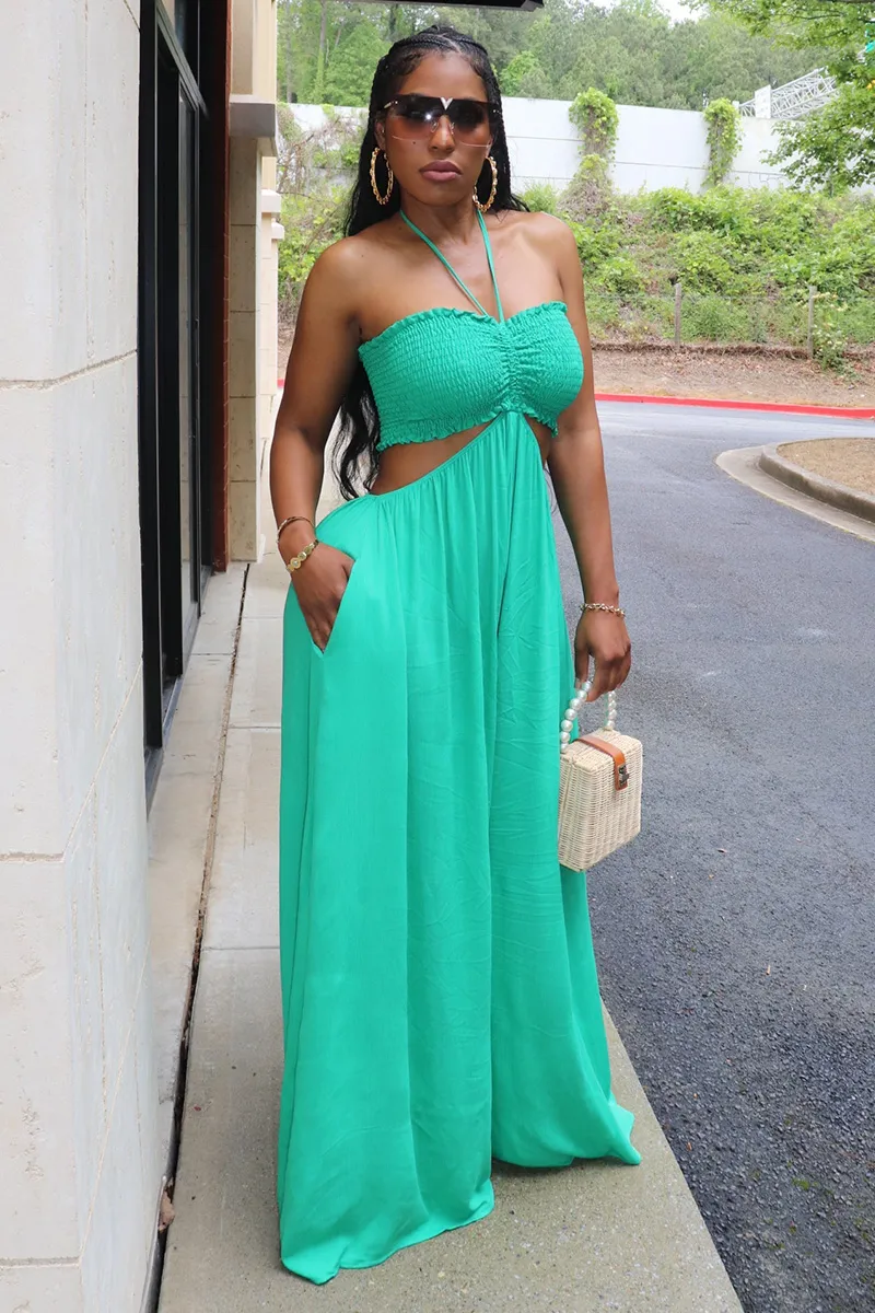 Halter Ruched Ruffle Cut Out Oversized Wide Leg Jumpsuit-Green