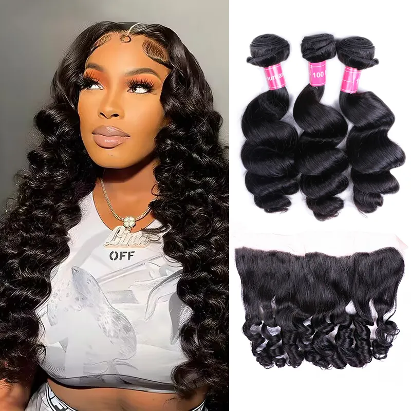 Sterly Hair 3 Bundles Loose Wave Virgin Hair with 13×4 Transparent Lace Frontal