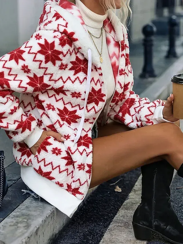 Women's Fleece Jacket Sherpa Jacket Teddy Coat Windproof Warm Christmas Street Daily Wear Vacation Zipper Pocket Print Zipper Hoodie Fashion Plush Modern Casual Snowflake Regular Fit Outerwear Long