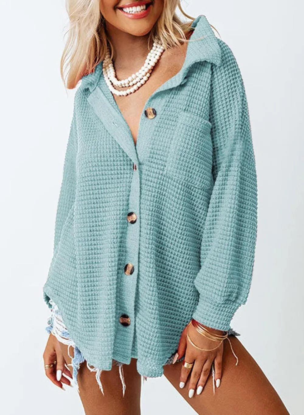 Womens Waffle Knit Button Down Shirts Casual Long Sleeve Shacket Jacket Boyfriend Tops Blouses Loose Fit