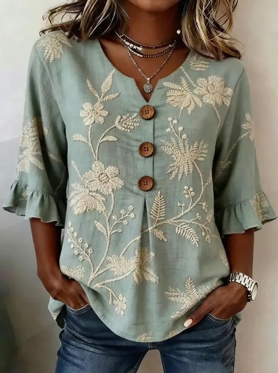Women's Nashville Floral Embroidery Buttoned Ruffle Sleeve Top
