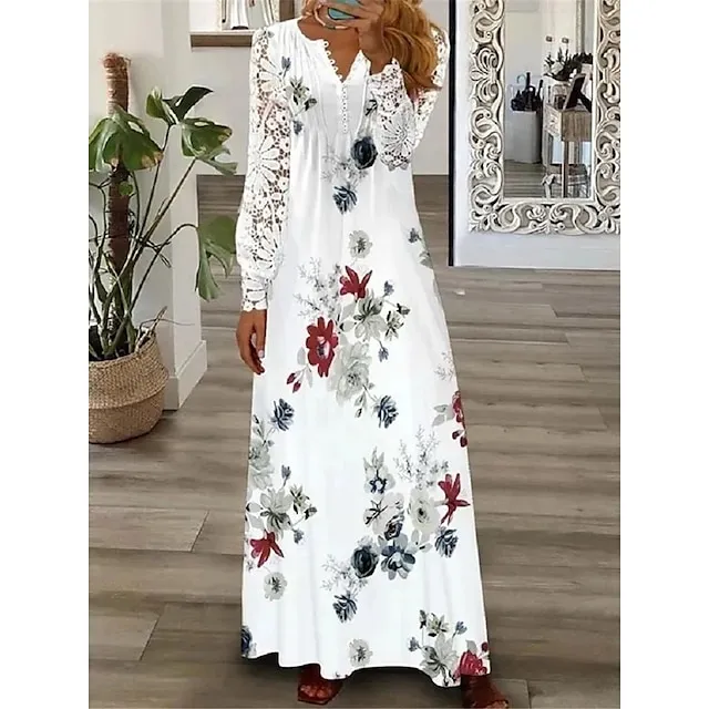 Women's Floral Lace Pleated Dresses Eyelet Long Dress Maxi Dress A Line Dress Print Dress Fashion Casual Outdoor Daily Button Long Sleeve V Neck Regular Fit White Pink Red Spring Summer S M L XL