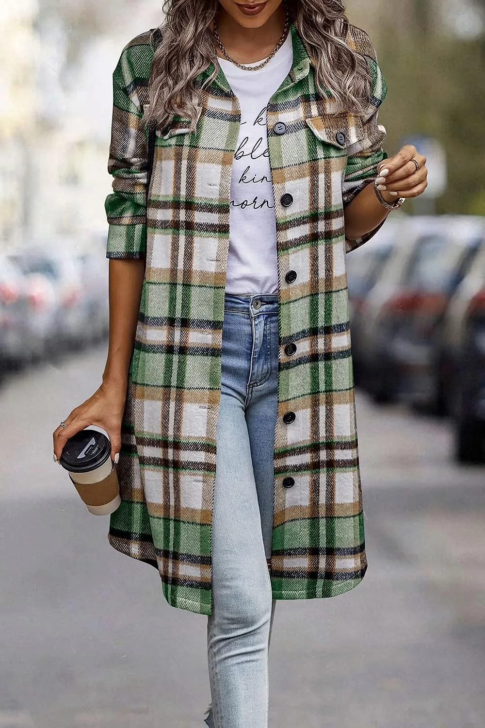 Women's Plaid Shacket 2023 Long Sleeve Button Up Flannel Shirt Winter Tartan Jacket Woolen Coats