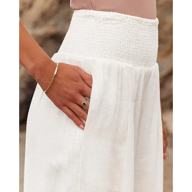 Women's Wide Leg Linen Pants Trousers Full Length Cotton Baggy Micro-elastic High Waist Fashion Casual Daily Vacation Apple Green Black S M Autumn / Fall