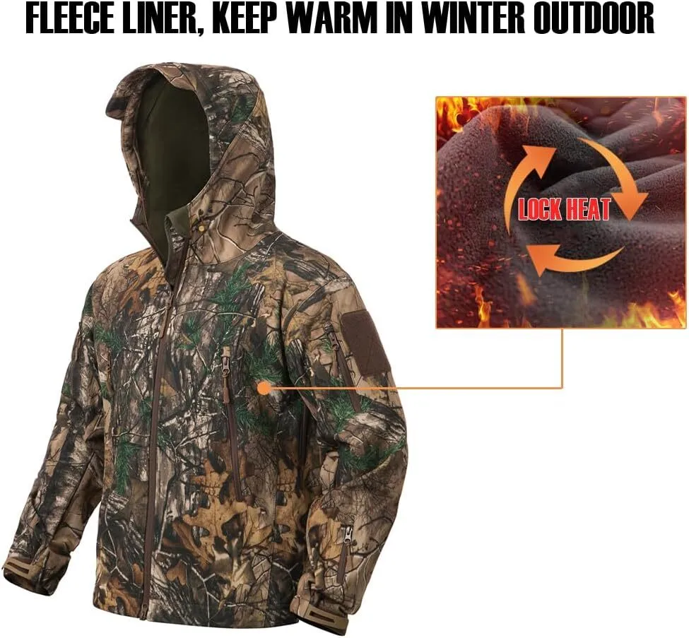 Men's Camo Quiet Hunting Jacket Waterproof Softshell Fleece Lined Camouflage Outdoor Hiking Fishing Coat