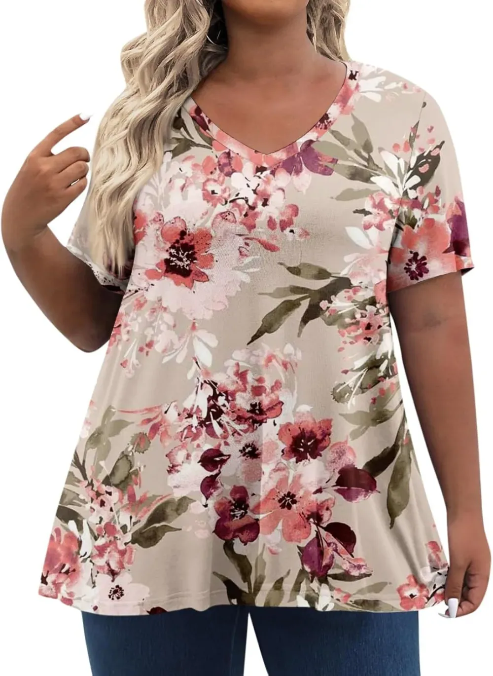 Plus Size Tops for Women Dressy Short Sleeve V Neck Shirts for Women Summer Tops for Women 2024 Floral Print Top