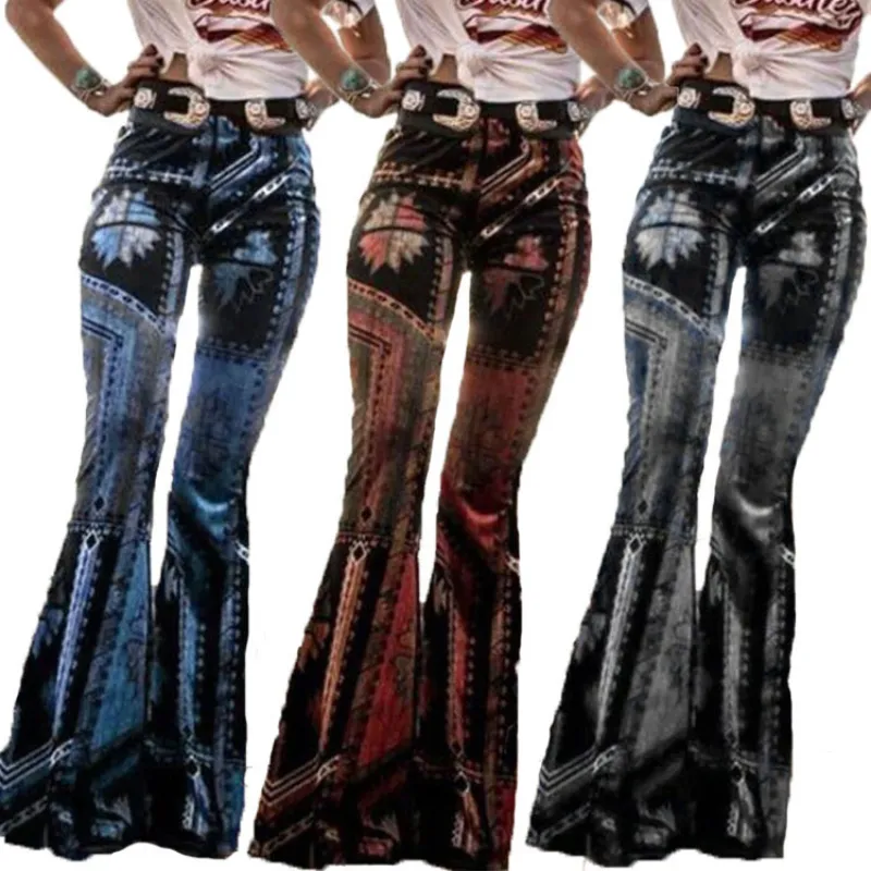 Vintage Ladies Geometric Pattern Bell-bottom Pants