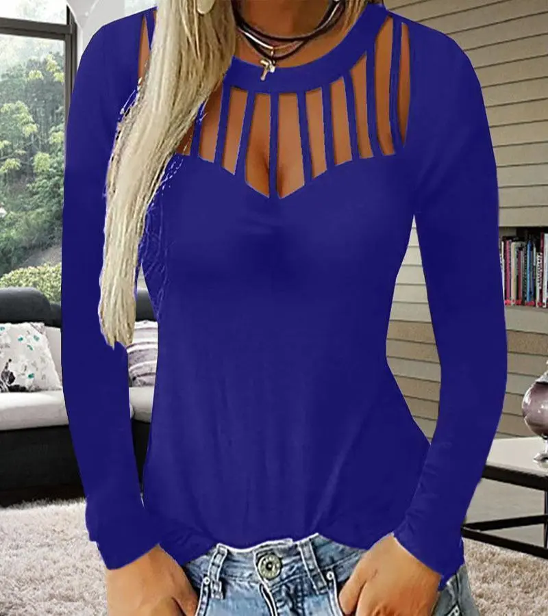 Long Sleeve Round Neck Pierced Sexy  T-Shirts