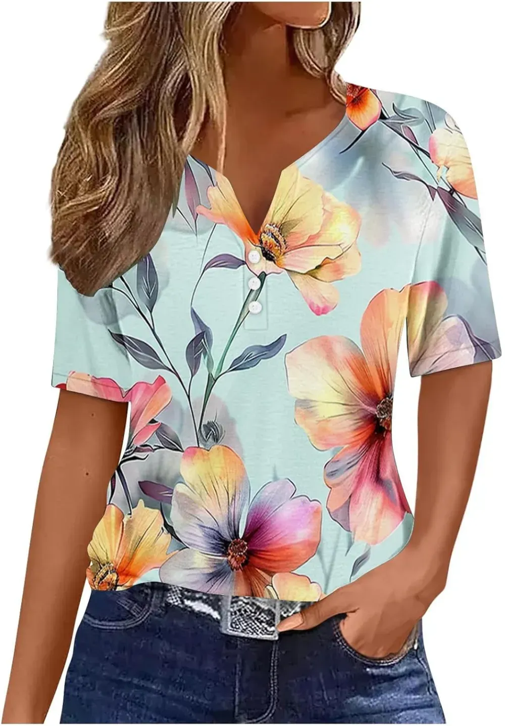 Shirts for Women Casual Printed Summer Tops Short-Sleeved Button V-Neck Tops Blouse Fashion Boho T-Shirts