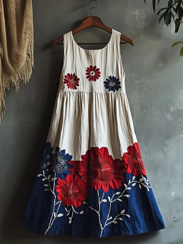 Blue And Red Contrast Color Floral Patchwork Linen Midi Dress