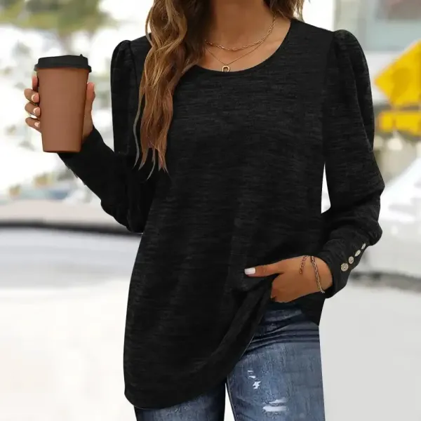 Loose Casual Button Crew Neck Long Sleeve T-Shirt