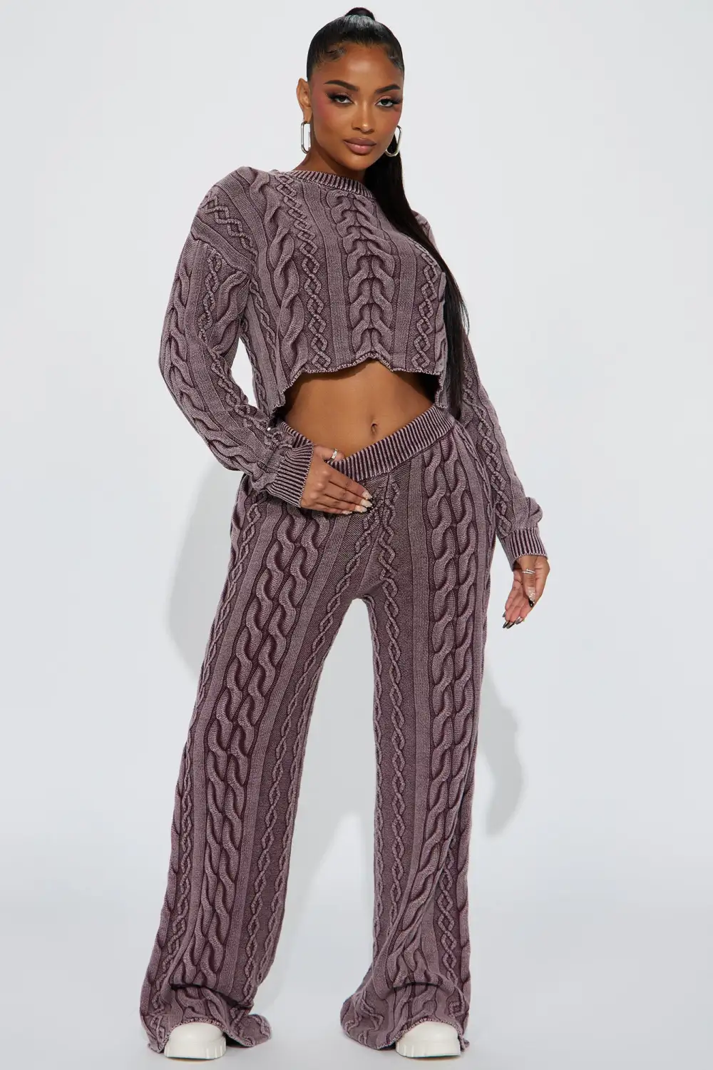Ineza Mineral Wash Sweater Pant Set - Burgundy