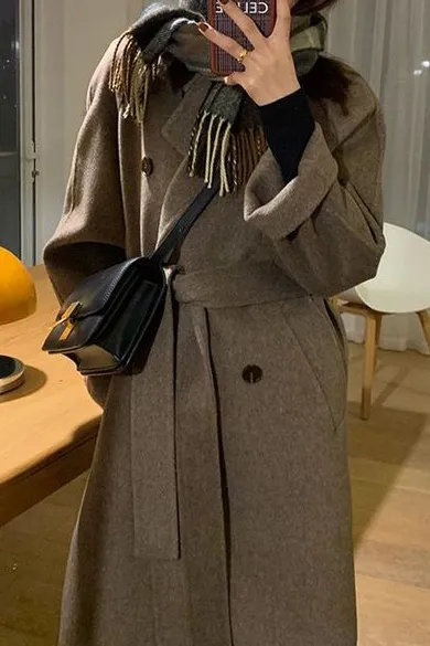 Solid Double Front Tie Breasted Lapel Coat