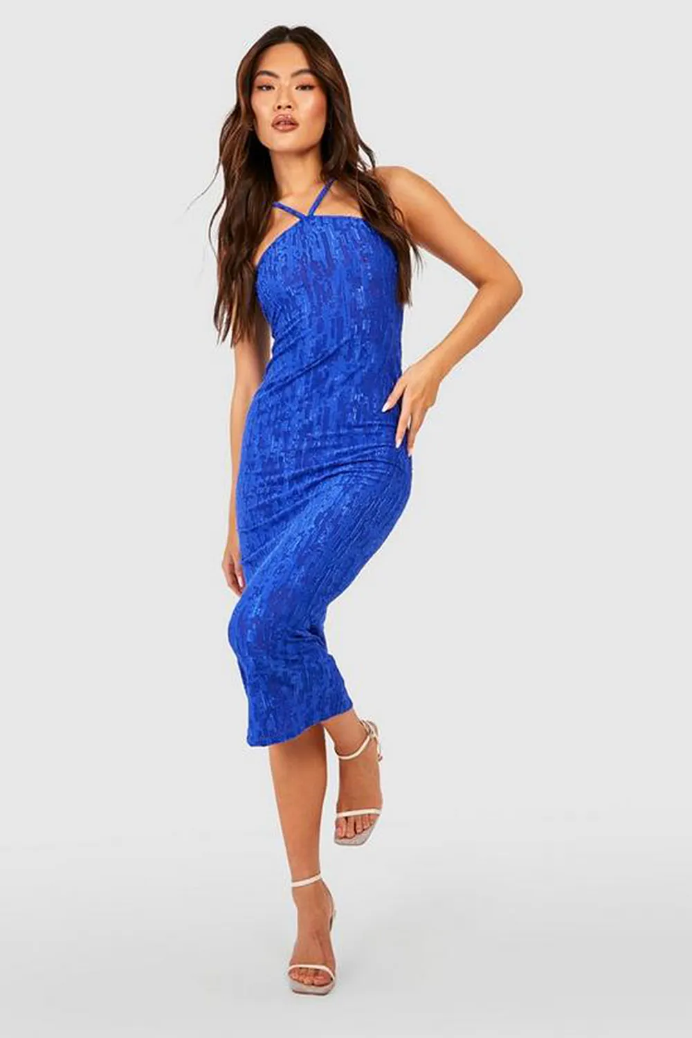 JAQUARD TEXTURED HALTERNECK MIDAXI DRESS