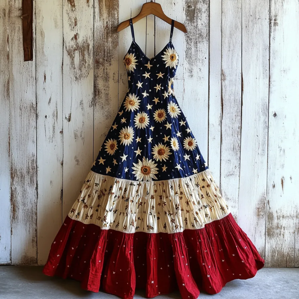 Women's Vintage Independence Day Flag Sunflower Long Suspender Skirt