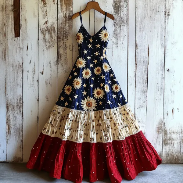 Women's Vintage Independence Day Flag Sunflower Long Suspender Skirt