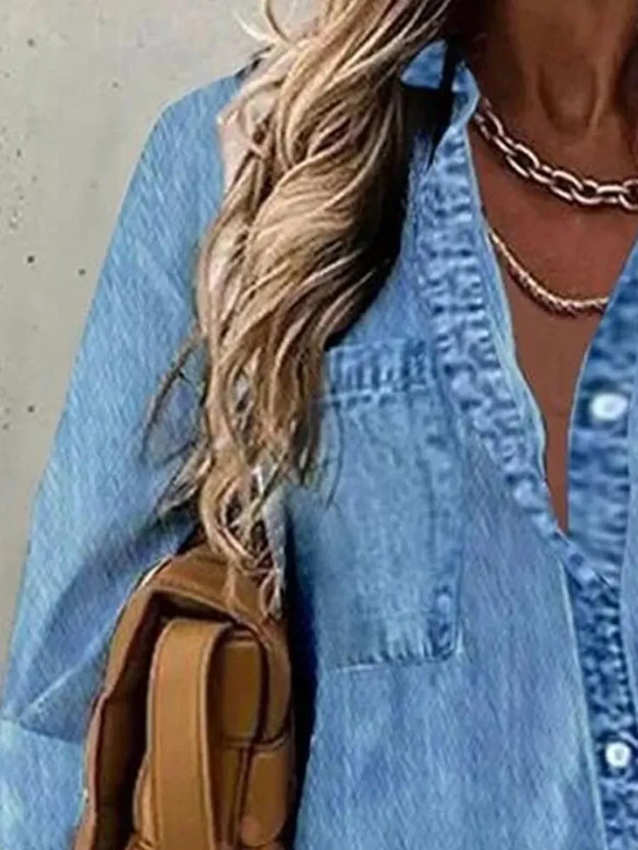 Casual Loose Solid Denim Blue Long Sleeve Blouse