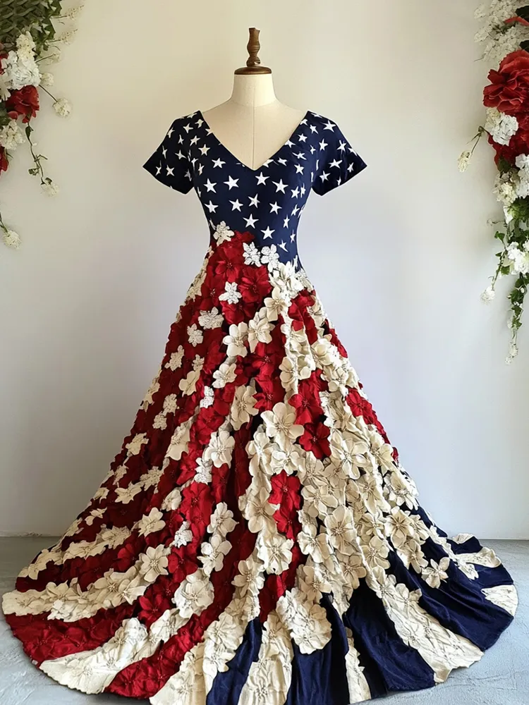 Women's Independence Day Flag And Floral Print Short Sleeve Dress