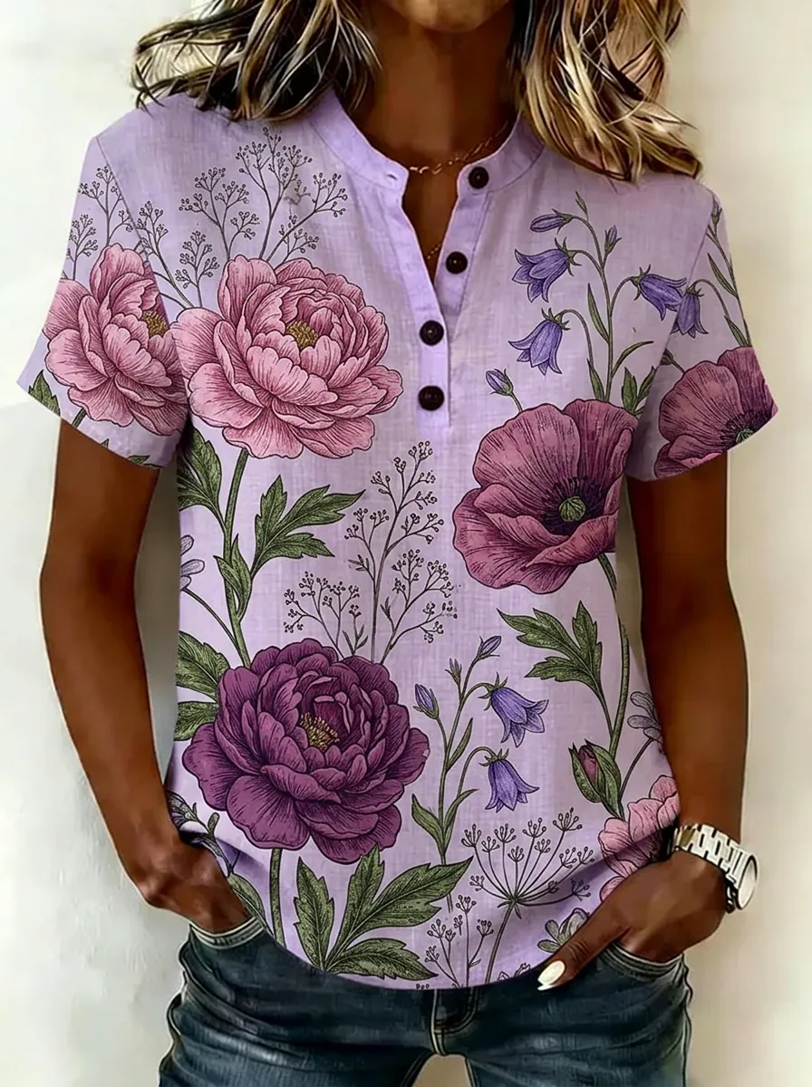 Women's Nashville Floral Peony Printed Henley Shirt