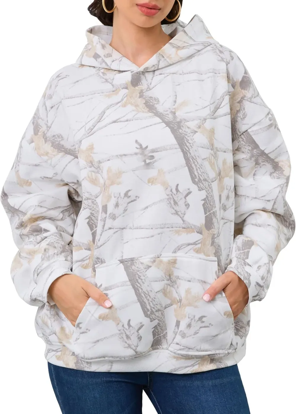 Womens Camo Hoodies Maple Leaf Print Oversized Hooded Sweatshirt Fleece Pullover Sweatshirts Long Sleeve with Pocket
