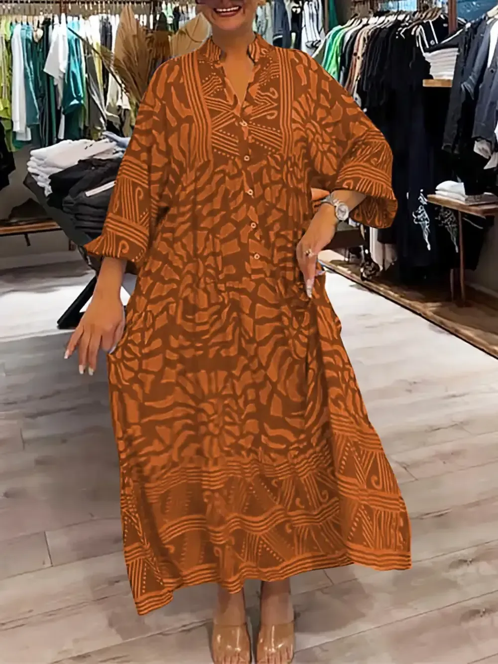 Women's Elegant Maxi Dress Plus Size V-neck Printed Loose Dress