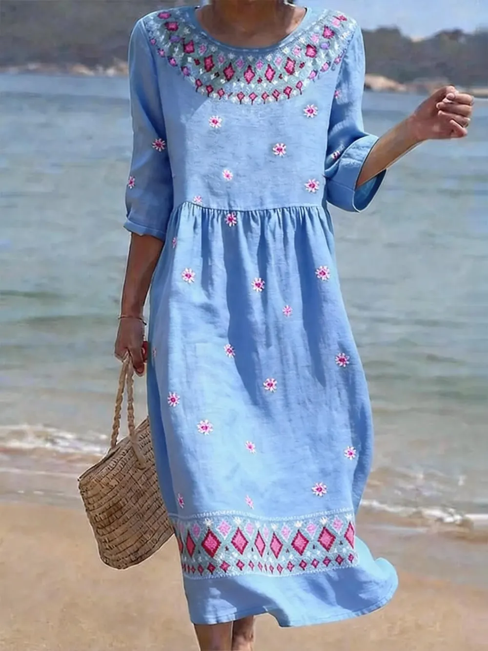 Women's Casual Simple Printed Cotton And Linen Dress