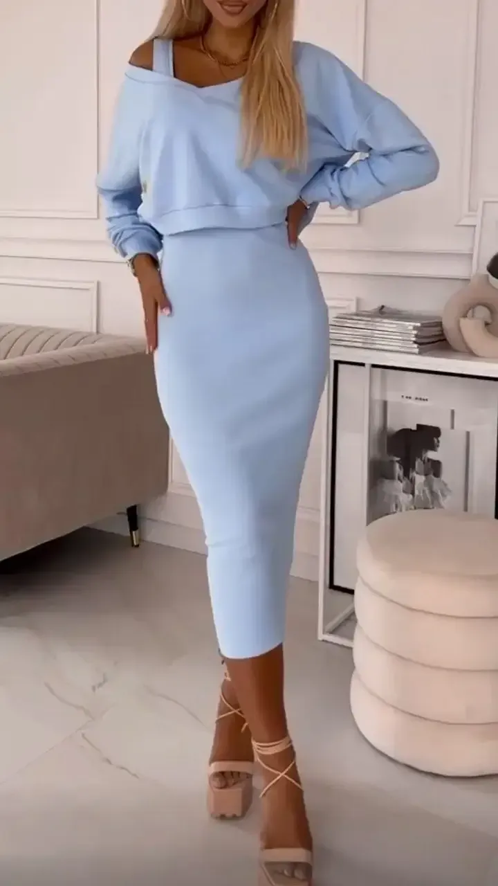 Women's V-neck Solid Color Casual Dress Suit