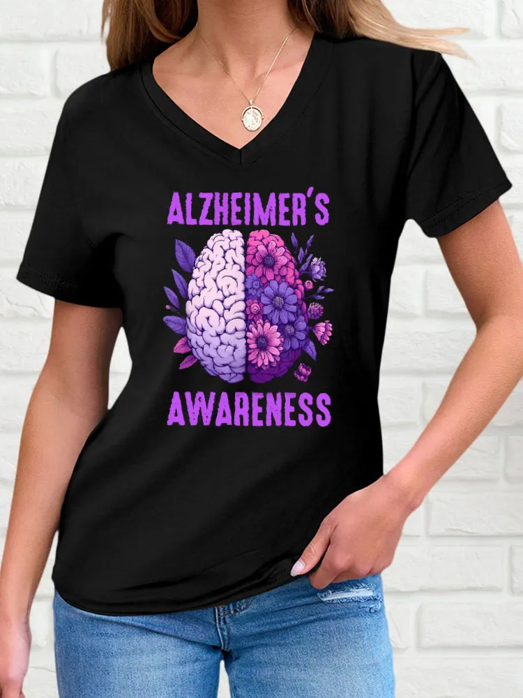 Women'S V-Neck Short-Sleeved T-Shirt Alzheimer'S Awareness Sunflower Prints