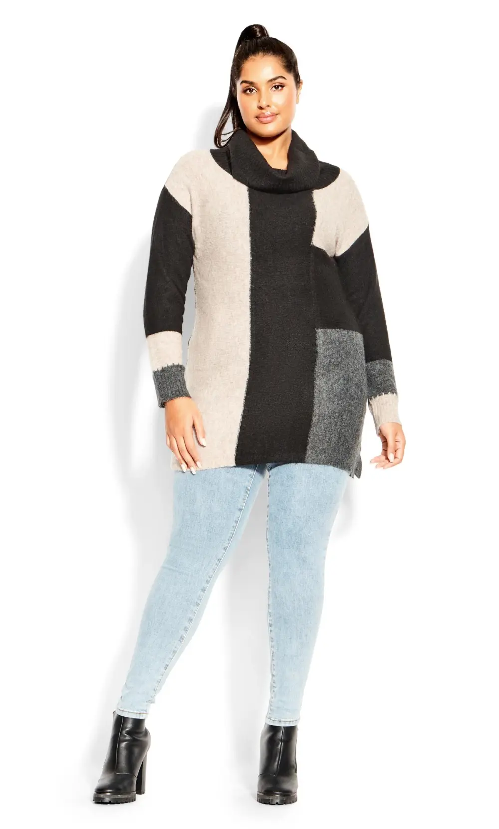 Evans Black Roll Neck Colourblock Jumper