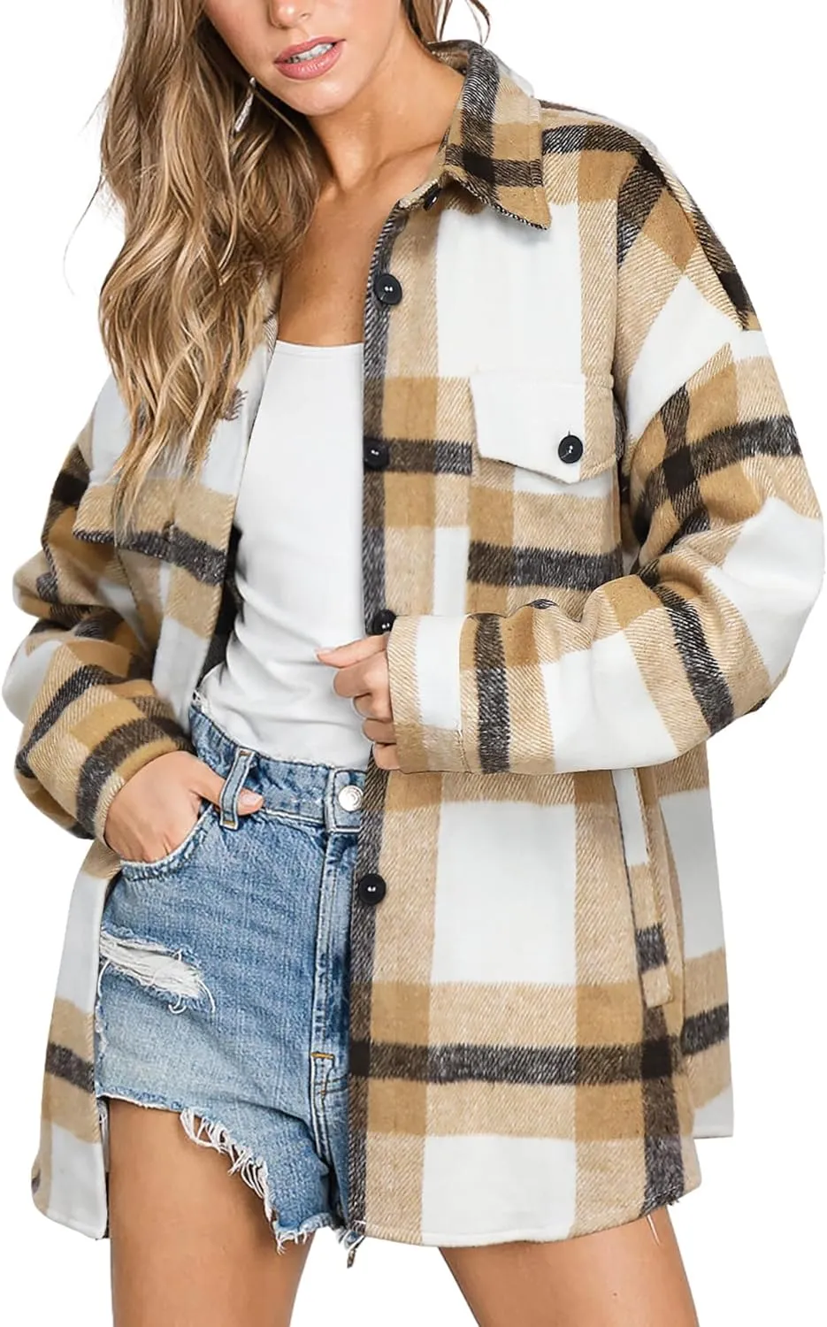 Women's Flannel Plaid Shacket Long Sleeve Button Down Chest Pocketed Shirts Jacket Coats