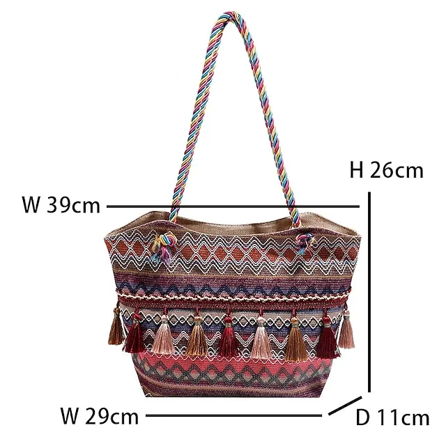 Women's Tote Shoulder Bag Hobo Bag Straw Bag Polyester Holiday Beach Tassel Zipper Large Capacity Breathable Lightweight Color Block Patchwork Folk Red Blue Orange