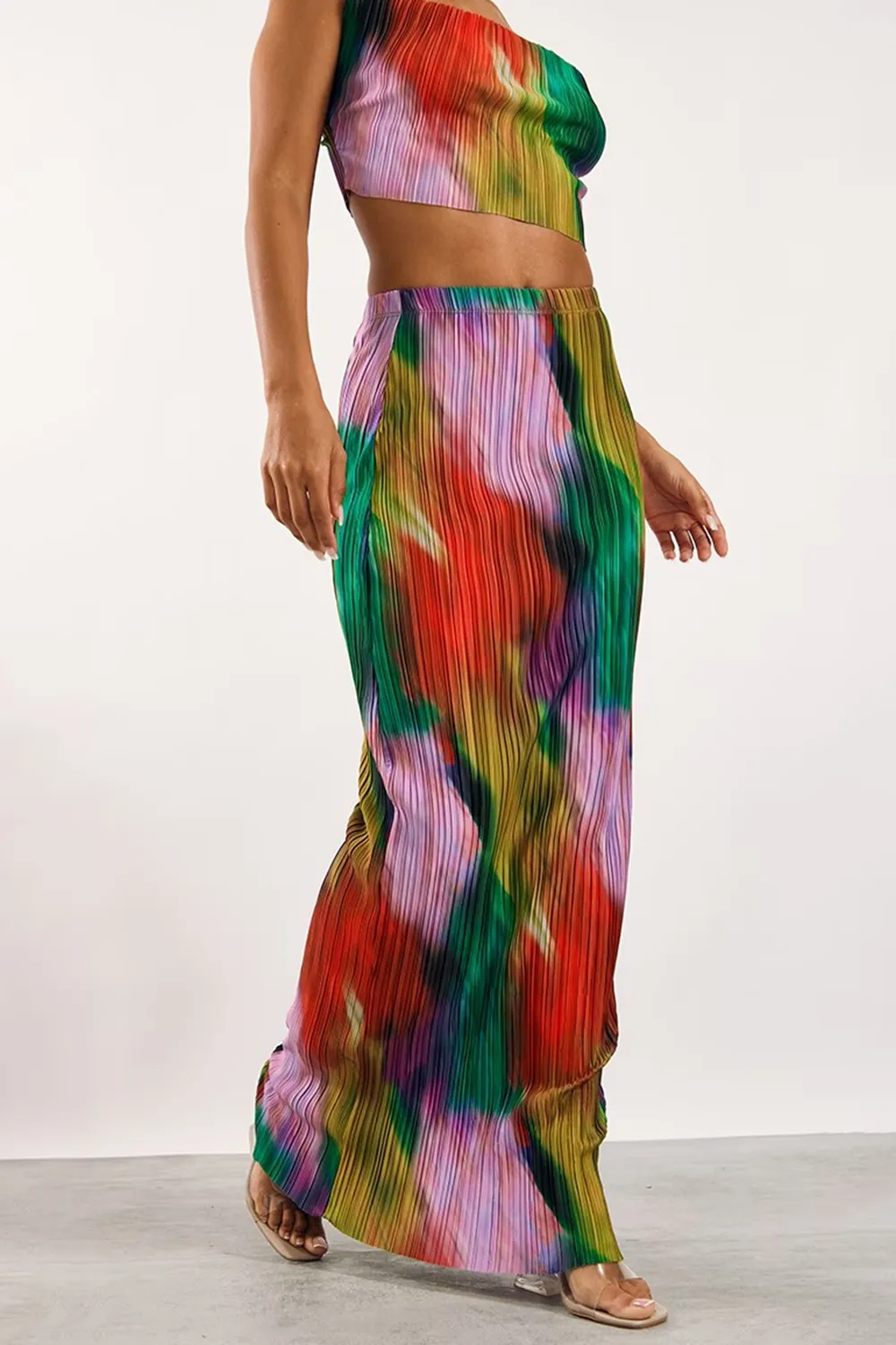 Multi Print Plisse Strappy Cowl Neck Top And Skirt Set