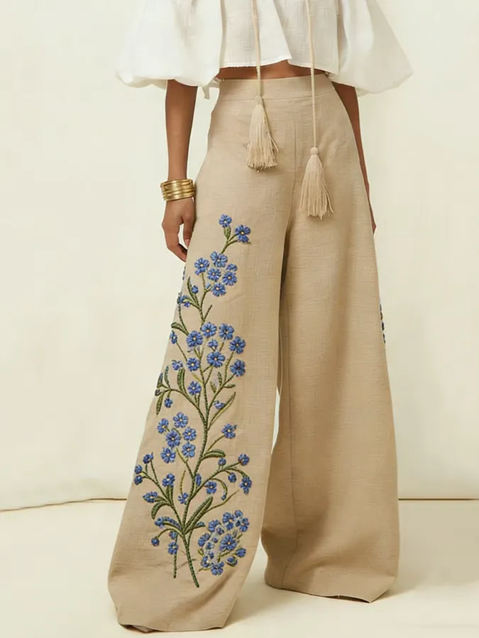 Women's Cotton Linen Floral Embroidered Pants