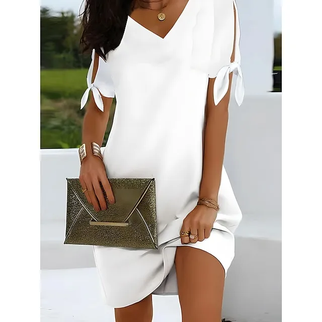Women's Casual Dress Shift Dress Mini Dress White Short Sleeve Pure Color Bow Spring Summer V Neck Basic Daily Weekend Summer Dress 2023 S M L XL XXL 3XL 4XL