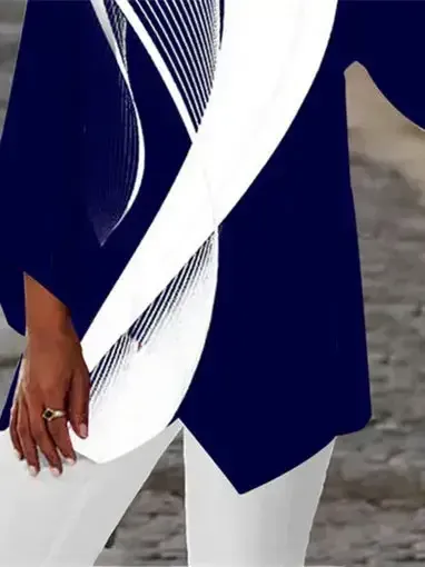 Women Asymmetrical 3/4 Sleeve Scoop Neck Striped Stitching Tops