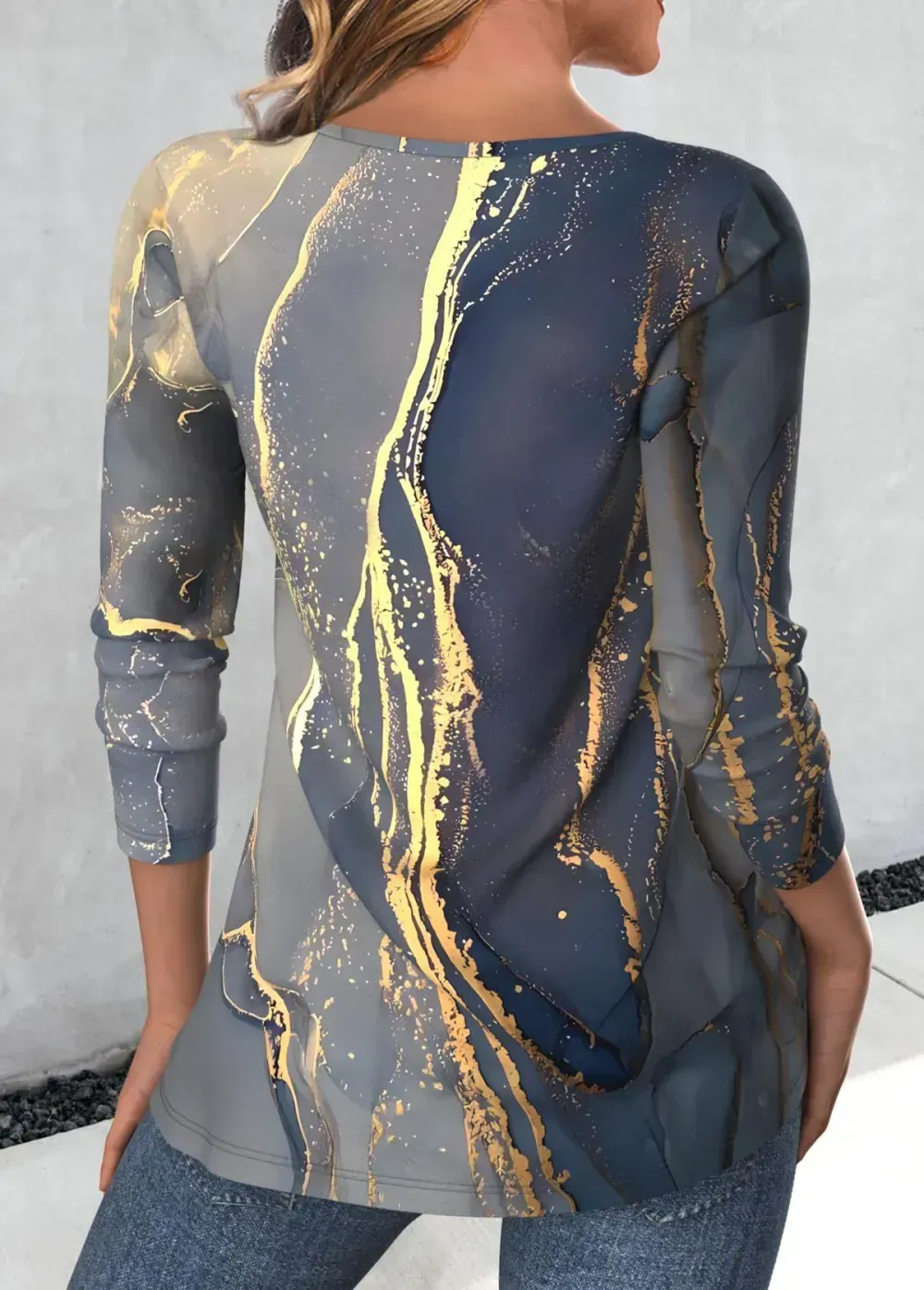 Blue Button Marble Print Long Sleeve T Shirt