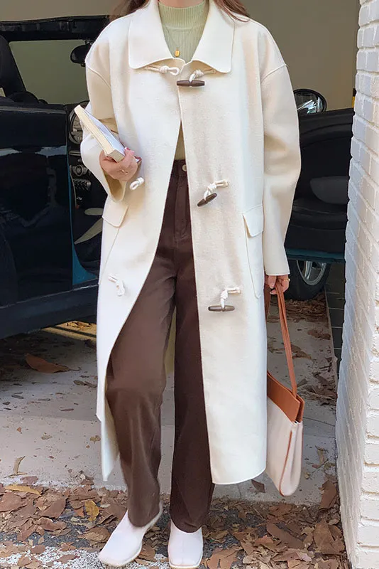 Faux Woolen Horn Button Long Coat