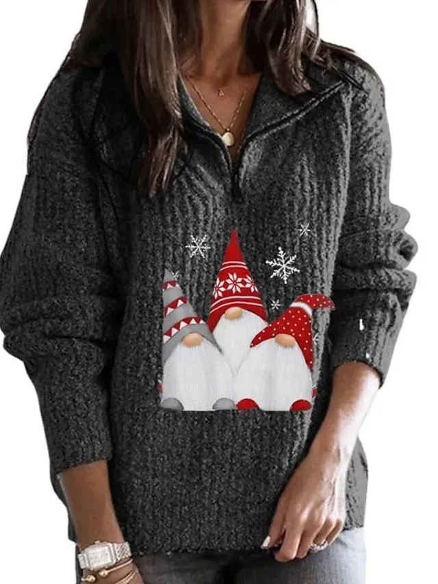 Women's Ugly Christmas Sweater Pullover Sweater Jumper Shirt Collar Half Zip Crochet Knit Polyester Zipper Knitted Fall Winter Xmas Holiday Stylish Casual Soft Long Sleeve Geometric Black Pink