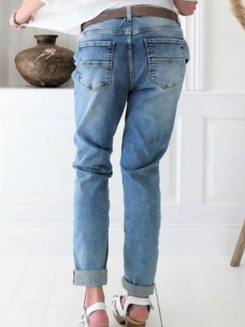 Loose Buttons Pockets Mid Waist Polyester Jeans Pants