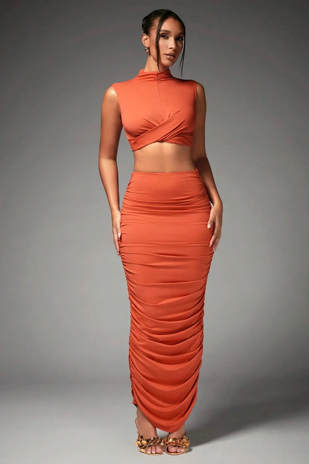 BAE Women's Mock Neck Pleated Crop Top And Skirt Set