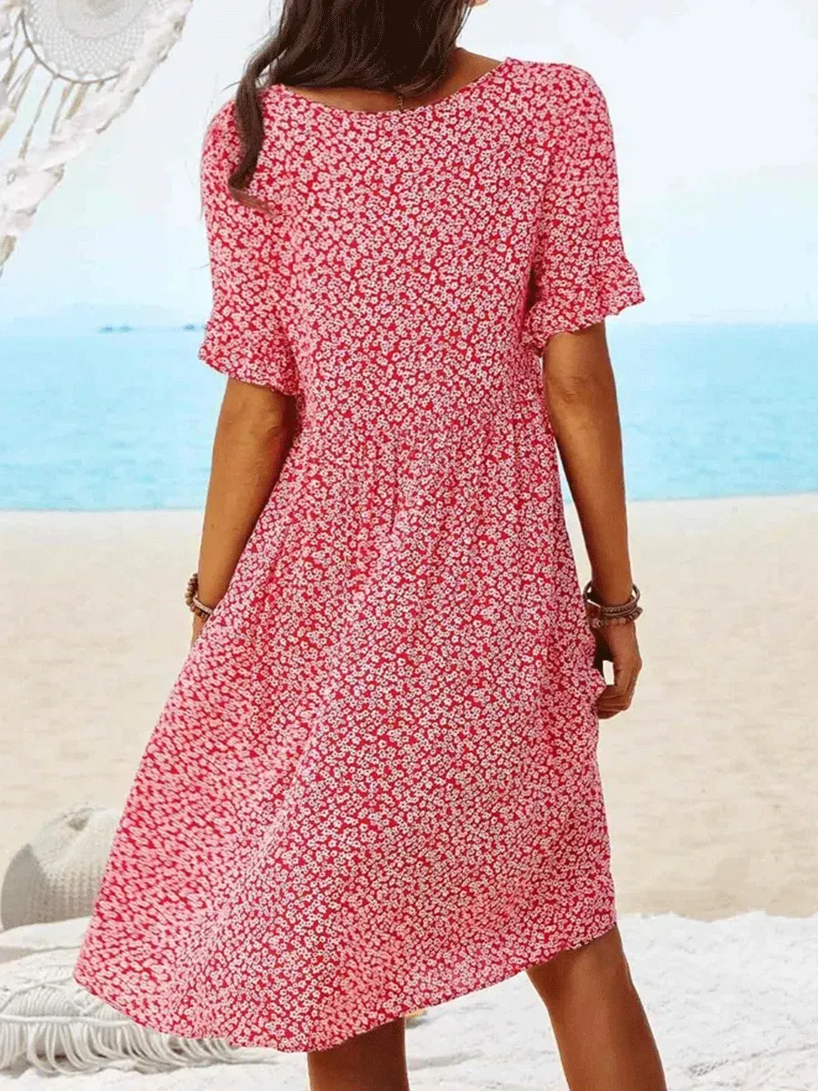 Floral Print Mid-length Casual Short-sleeved Shift Dress