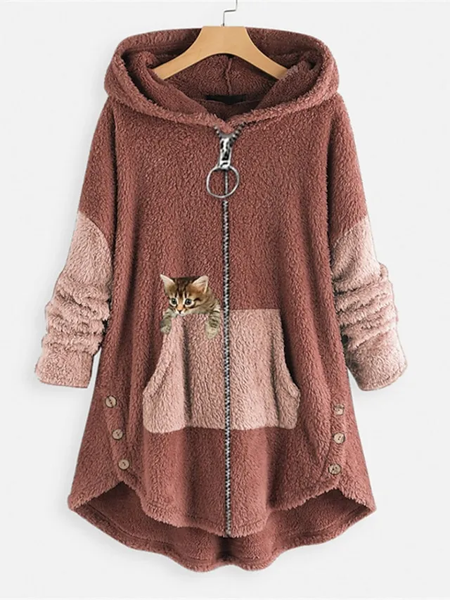 Women's Teddy Coat Casual Jacket Sherpa jacket Fleece Jacket Outdoor Street Daily Fall Winter Regular Coat Regular Fit Warm Breathable Streetwear Casual Jacket Long Sleeve Solid Color Pocket Full Zip