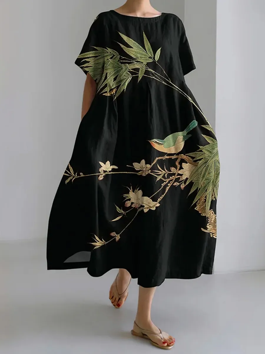 Women's Japanese Art Floral And Bird Print Midi Dress
