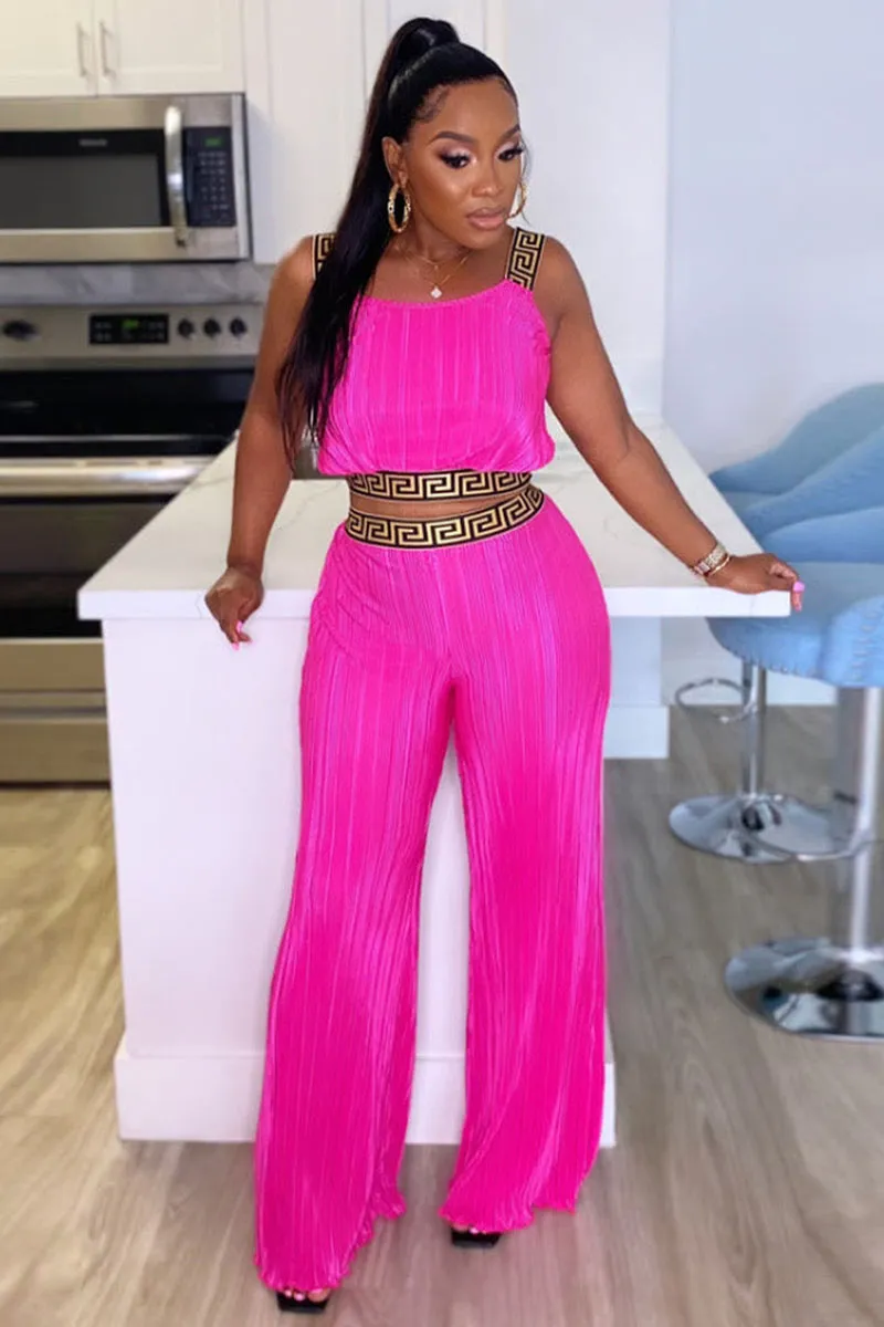Pattern Print Pleated Sleeveless Crop Top High Waist Wide Leg Pants Matching Set